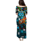 Sharks Autism Awareness Family Matching Puletasi and Hawaiian Shirt Puzzle Flames Rugby Ball