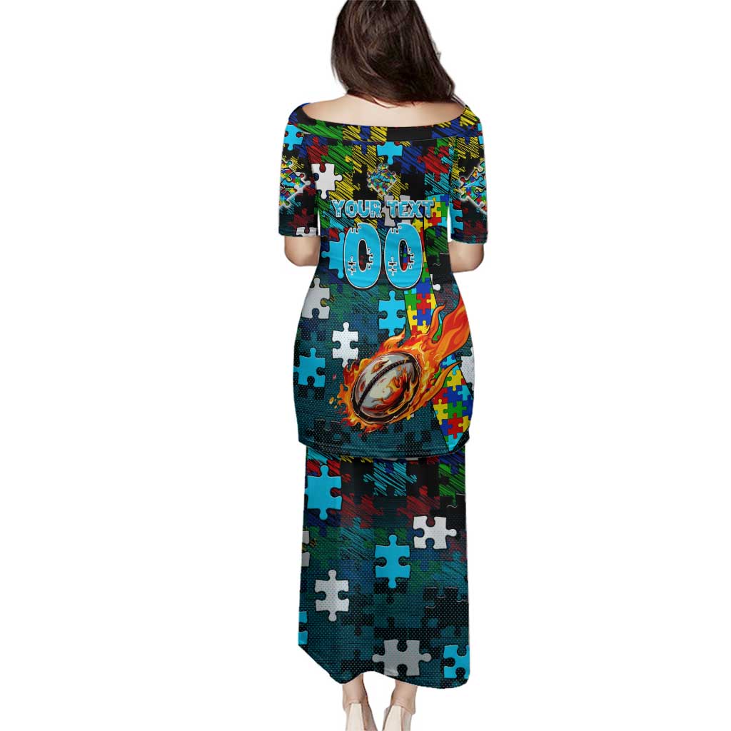 Sharks Autism Awareness Family Matching Puletasi and Hawaiian Shirt Puzzle Flames Rugby Ball