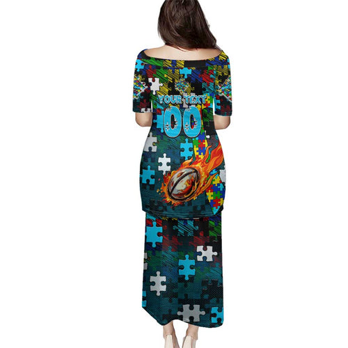 Sharks Autism Awareness Family Matching Puletasi and Hawaiian Shirt Puzzle Flames Rugby Ball
