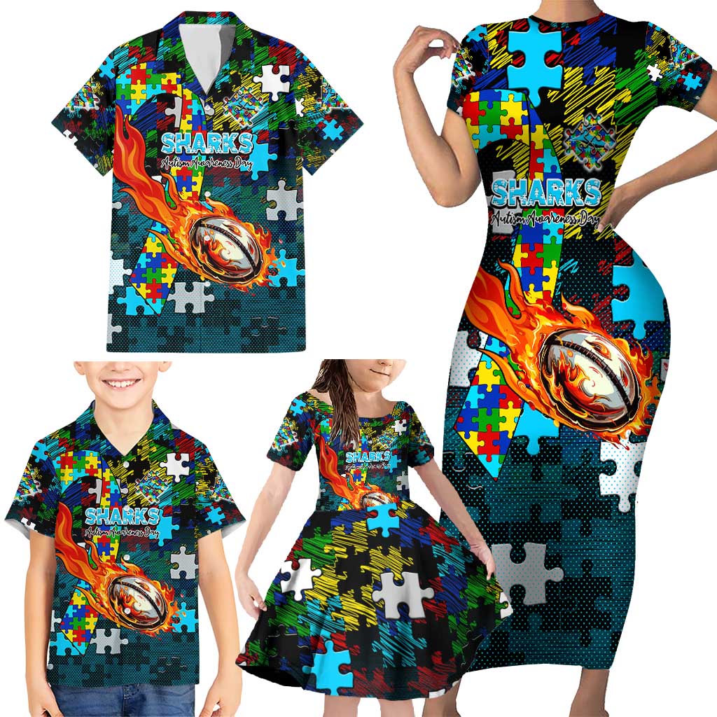 Sharks Autism Awareness Family Matching Short Sleeve Bodycon Dress and Hawaiian Shirt Puzzle Flames Rugby Ball