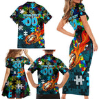 Sharks Autism Awareness Family Matching Short Sleeve Bodycon Dress and Hawaiian Shirt Puzzle Flames Rugby Ball