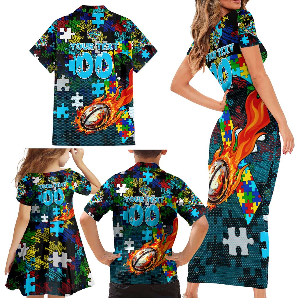 Sharks Autism Awareness Family Matching Short Sleeve Bodycon Dress and Hawaiian Shirt Puzzle Flames Rugby Ball