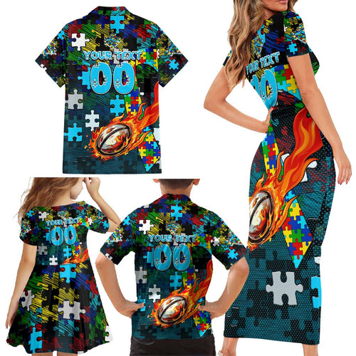Sharks Autism Awareness Family Matching Short Sleeve Bodycon Dress and Hawaiian Shirt Puzzle Flames Rugby Ball