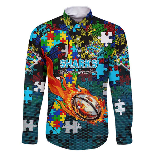 Sharks Autism Awareness Family Matching Short Sleeve Bodycon Dress and Hawaiian Shirt Puzzle Flames Rugby Ball