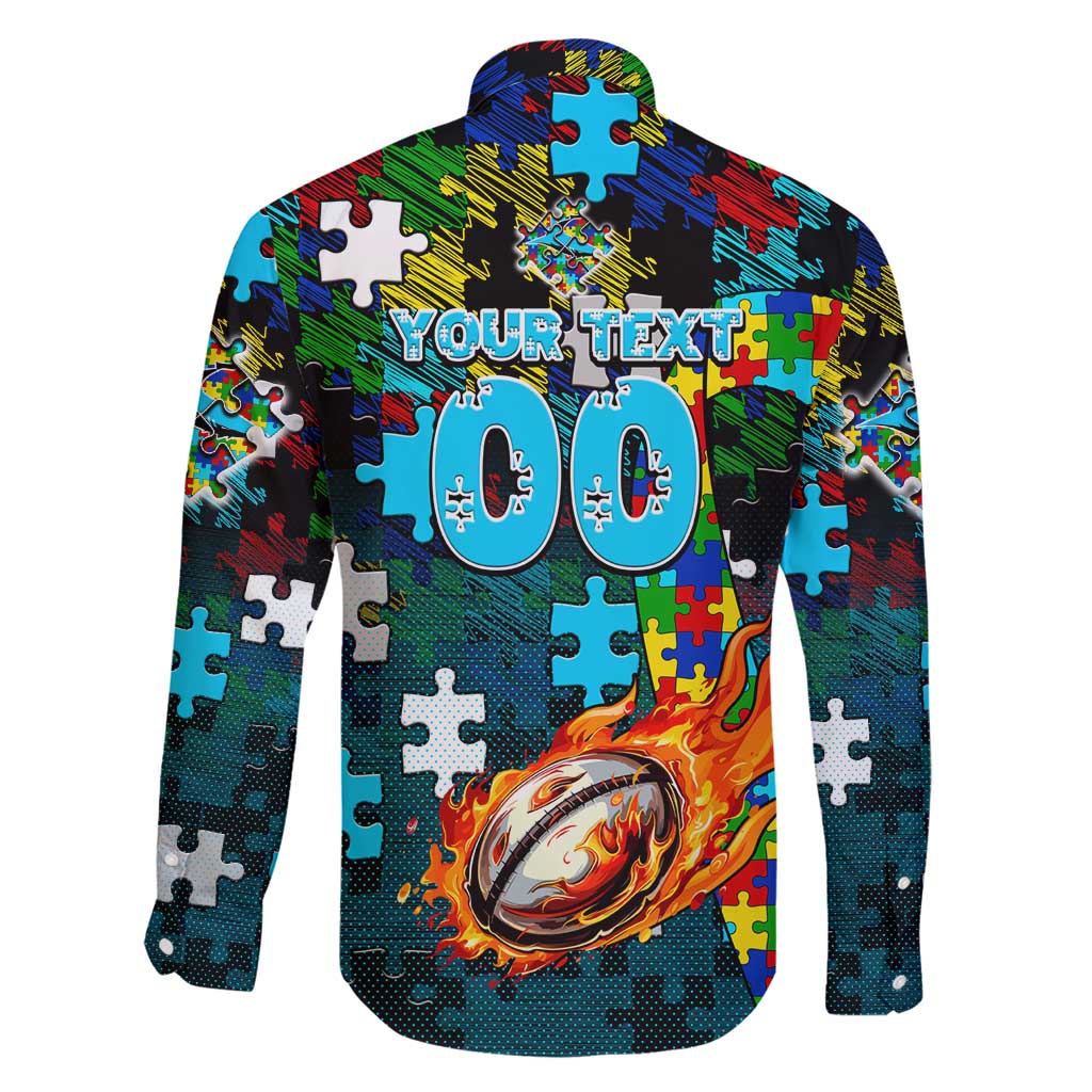 Sharks Autism Awareness Family Matching Short Sleeve Bodycon Dress and Hawaiian Shirt Puzzle Flames Rugby Ball