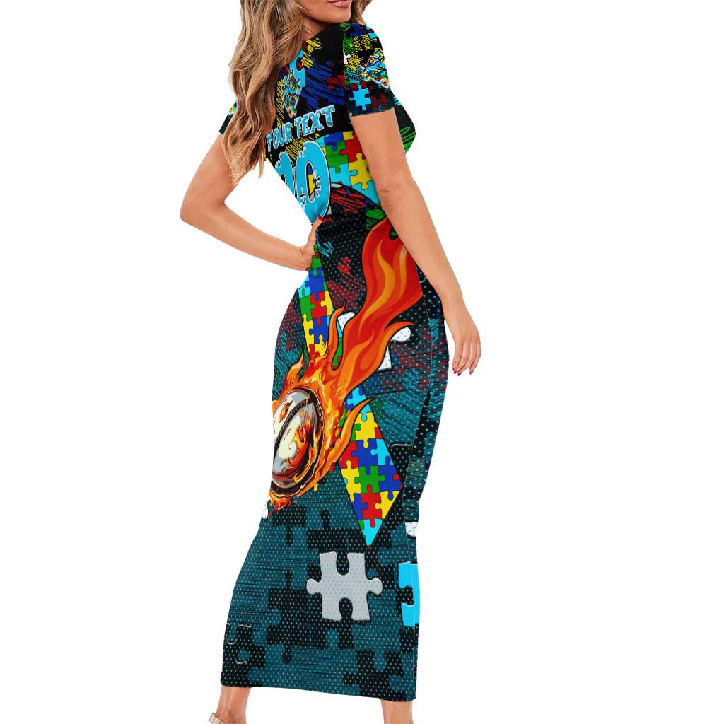 Sharks Autism Awareness Family Matching Short Sleeve Bodycon Dress and Hawaiian Shirt Puzzle Flames Rugby Ball