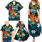 Sharks Autism Awareness Family Matching Summer Maxi Dress and Hawaiian Shirt Puzzle Flames Rugby Ball
