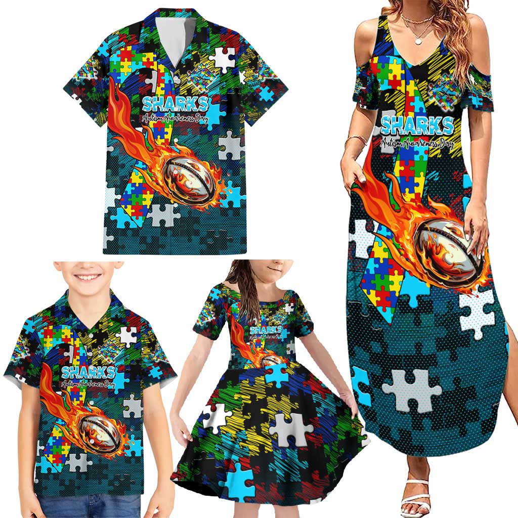 Sharks Autism Awareness Family Matching Summer Maxi Dress and Hawaiian Shirt Puzzle Flames Rugby Ball