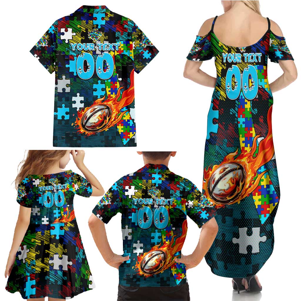 Sharks Autism Awareness Family Matching Summer Maxi Dress and Hawaiian Shirt Puzzle Flames Rugby Ball