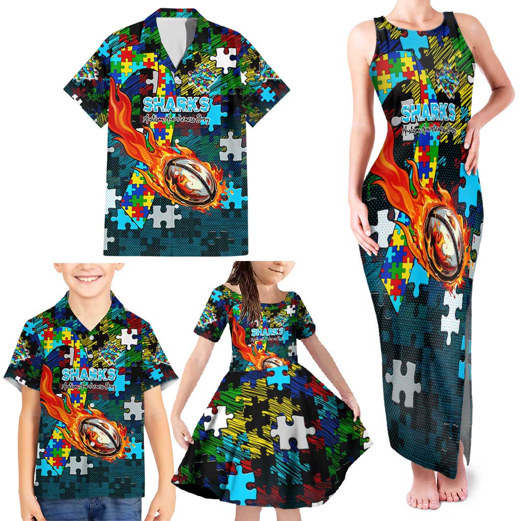Sharks Autism Awareness Family Matching Tank Maxi Dress and Hawaiian Shirt Puzzle Flames Rugby Ball