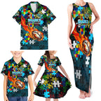 Sharks Autism Awareness Family Matching Tank Maxi Dress and Hawaiian Shirt Puzzle Flames Rugby Ball