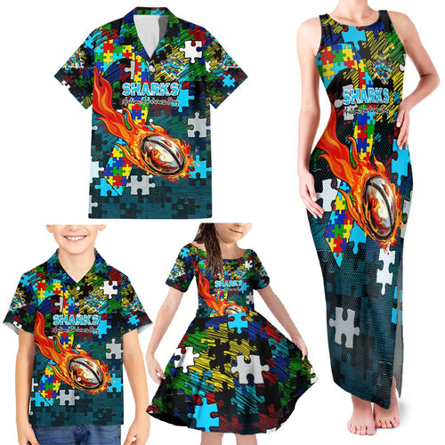 Sharks Autism Awareness Family Matching Tank Maxi Dress and Hawaiian Shirt Puzzle Flames Rugby Ball
