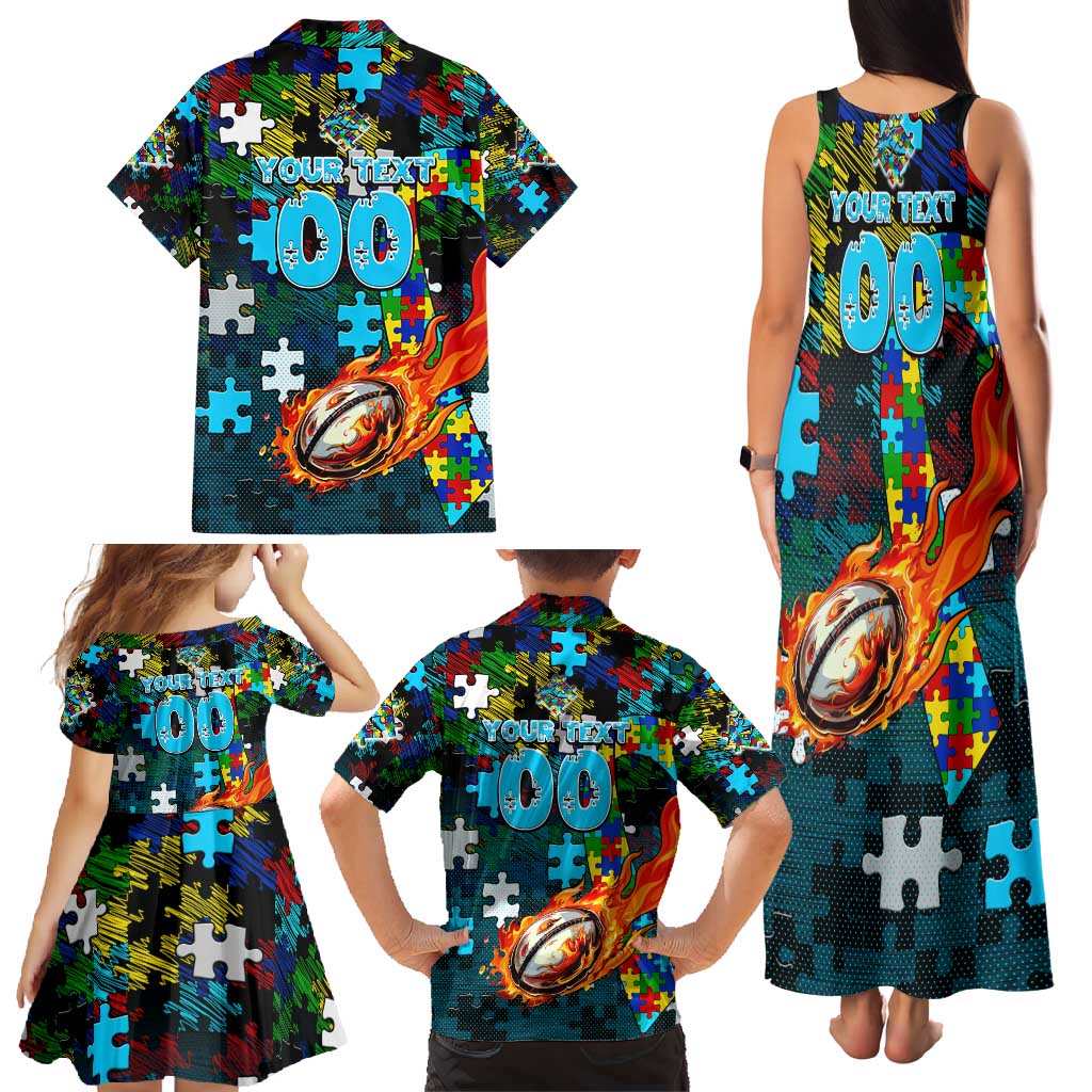 Sharks Autism Awareness Family Matching Tank Maxi Dress and Hawaiian Shirt Puzzle Flames Rugby Ball