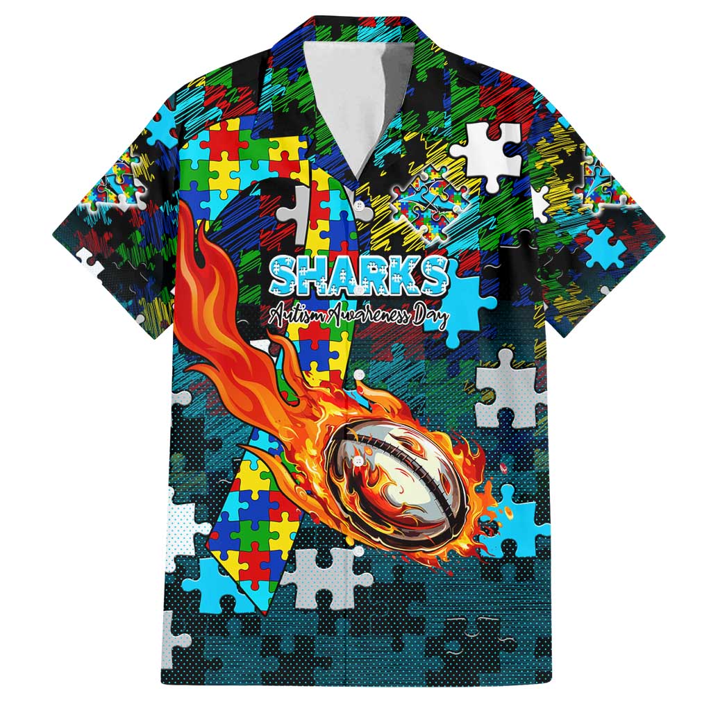 Sharks Autism Awareness Family Matching Tank Maxi Dress and Hawaiian Shirt Puzzle Flames Rugby Ball