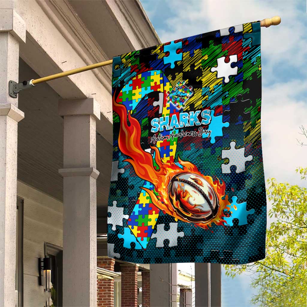 Sharks Autism Awareness Garden Flag Puzzle Flames Rugby Ball