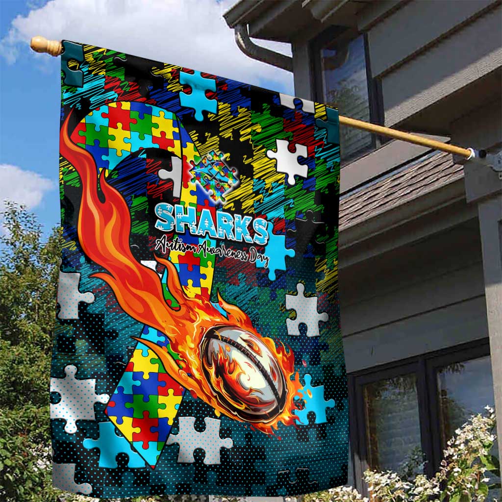 Sharks Autism Awareness Garden Flag Puzzle Flames Rugby Ball