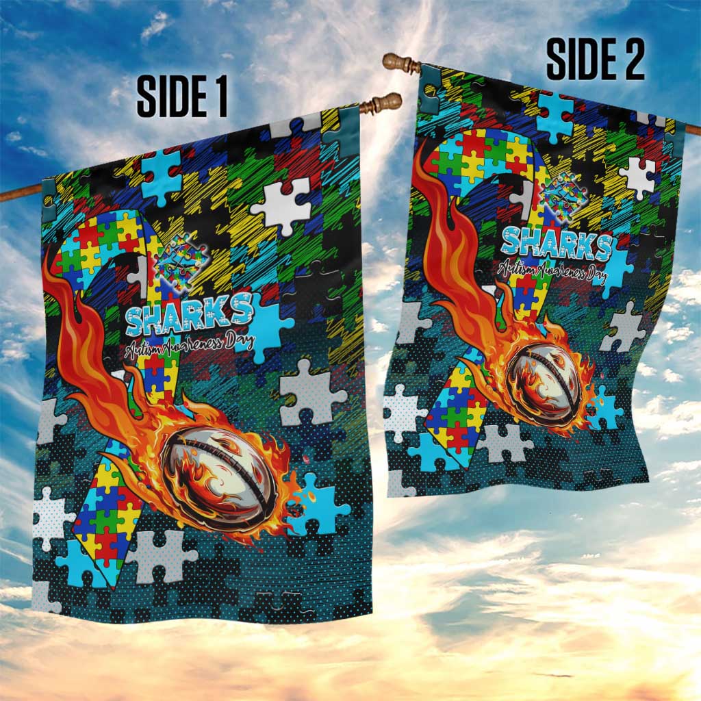 Sharks Autism Awareness Garden Flag Puzzle Flames Rugby Ball