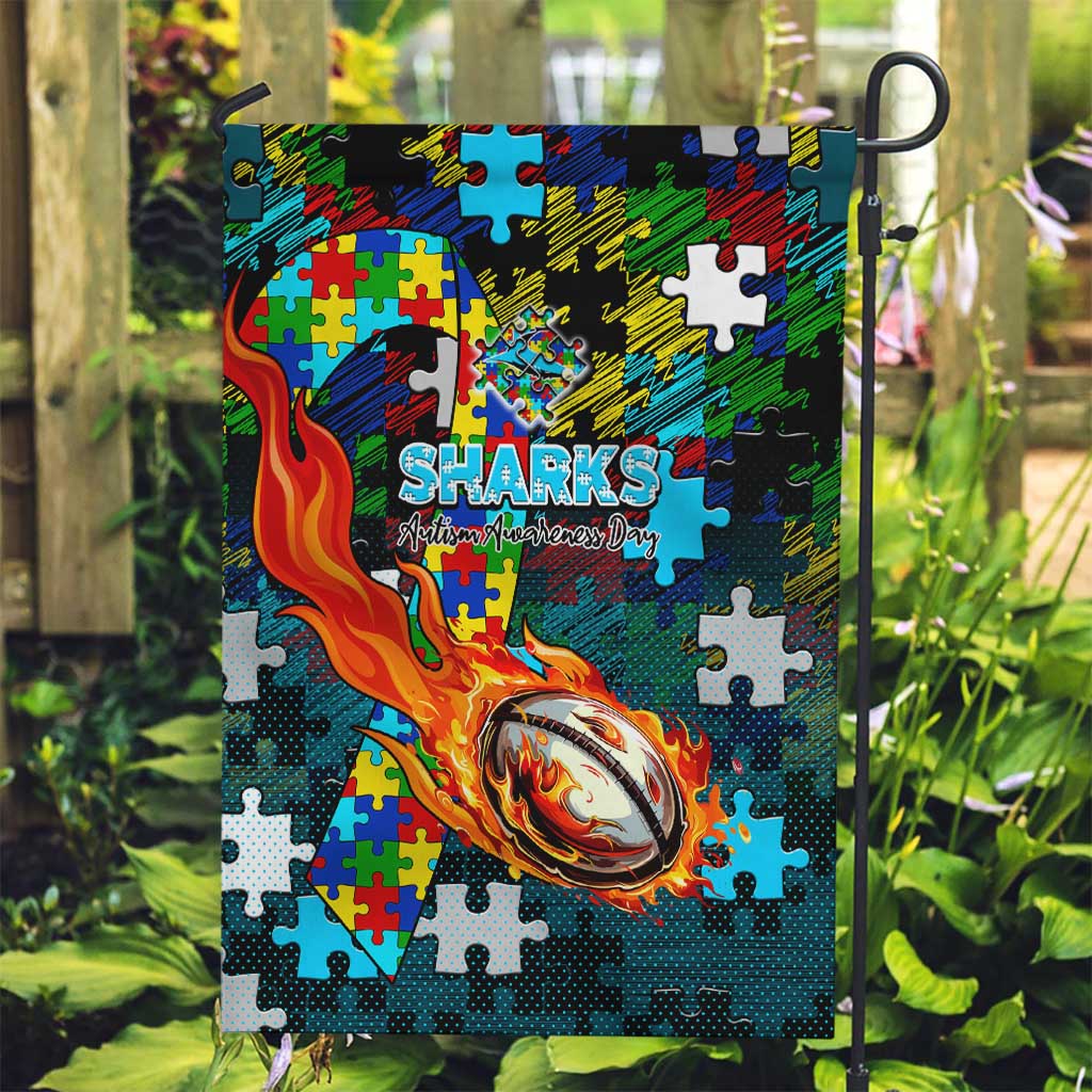 Sharks Autism Awareness Garden Flag Puzzle Flames Rugby Ball
