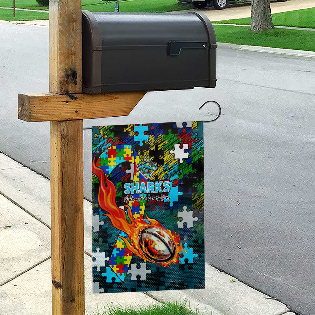 Sharks Autism Awareness Garden Flag Puzzle Flames Rugby Ball