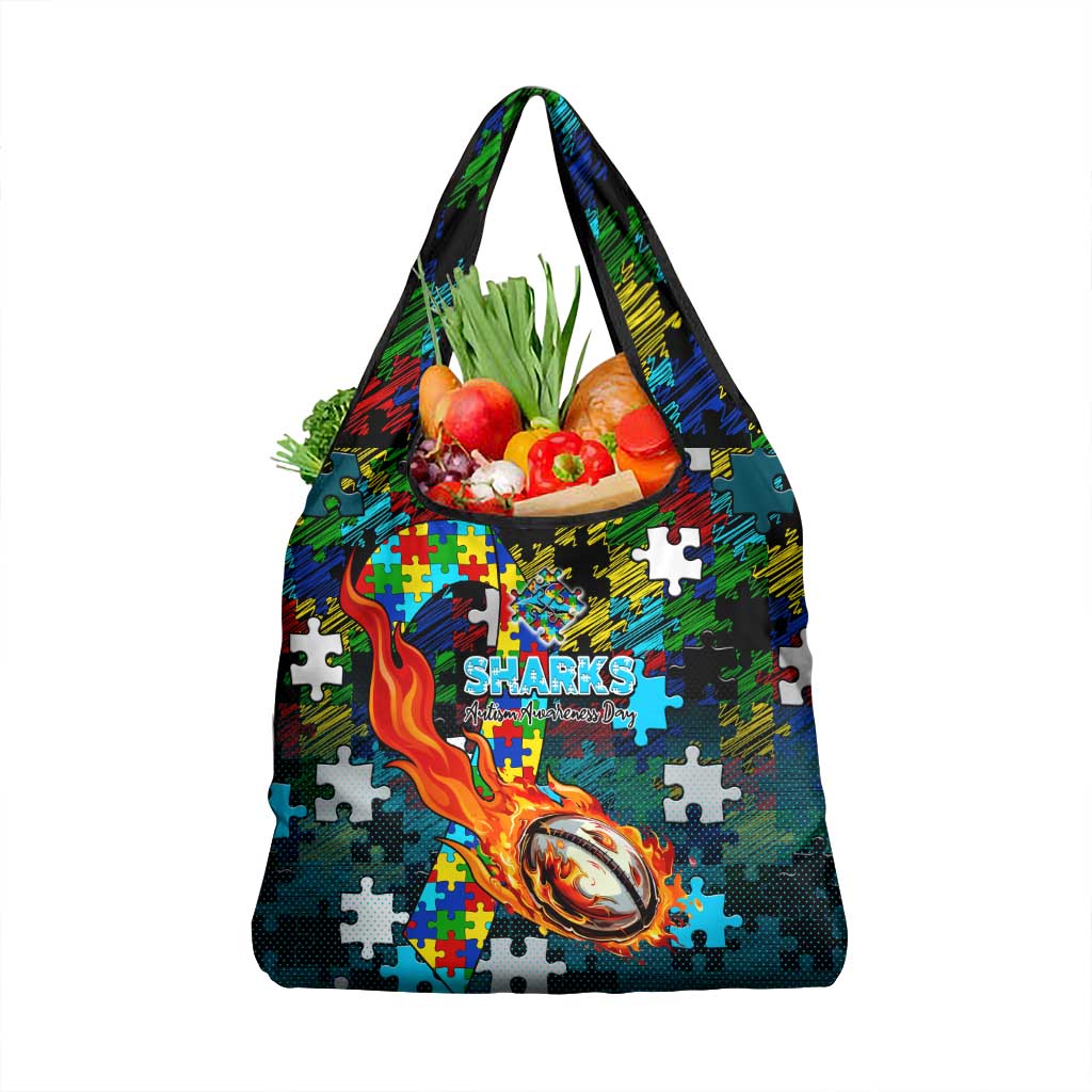 Sharks Autism Awareness Grocery Bag Puzzle Flames Rugby Ball