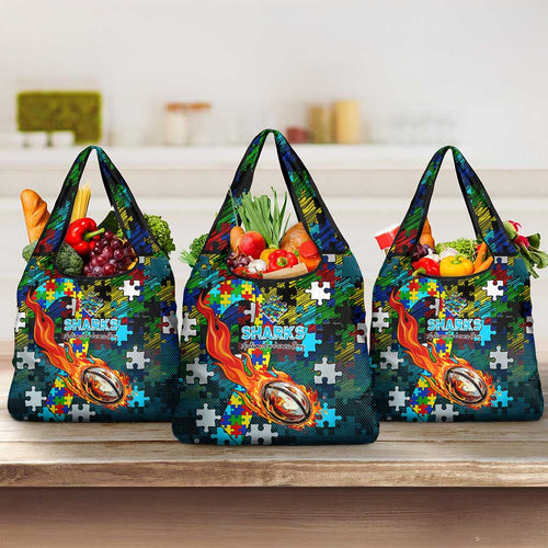 Sharks Autism Awareness Grocery Bag Puzzle Flames Rugby Ball