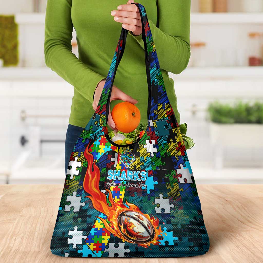 Sharks Autism Awareness Grocery Bag Puzzle Flames Rugby Ball