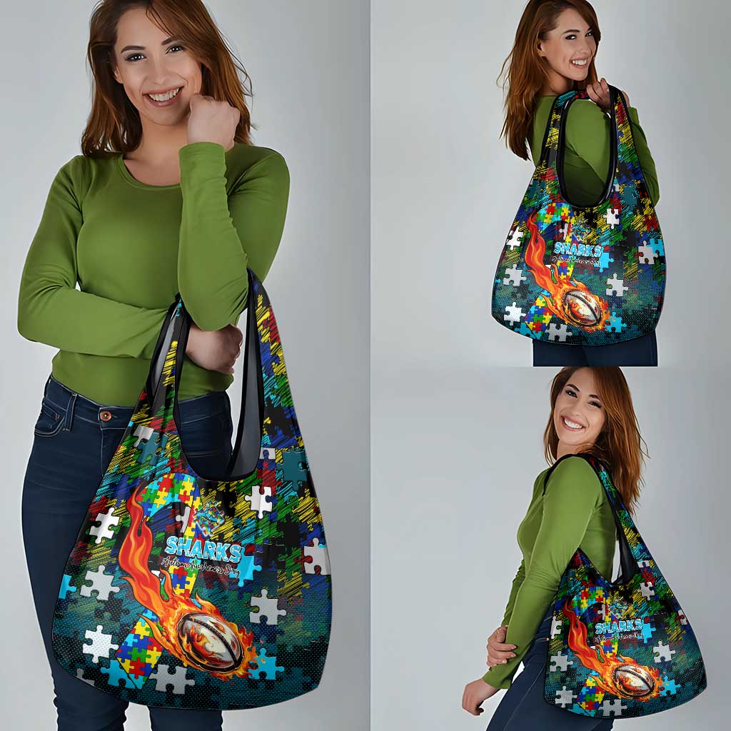 Sharks Autism Awareness Grocery Bag Puzzle Flames Rugby Ball