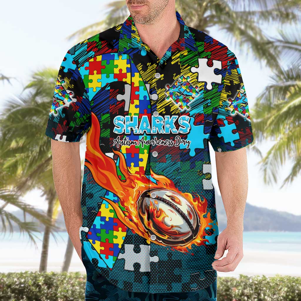 Sharks Autism Awareness Hawaiian Shirt Puzzle Flames Rugby Ball