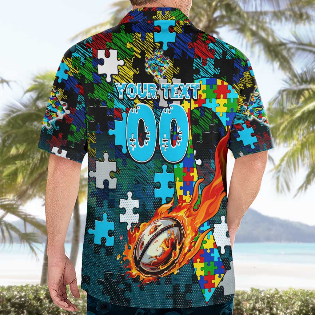 Sharks Autism Awareness Hawaiian Shirt Puzzle Flames Rugby Ball