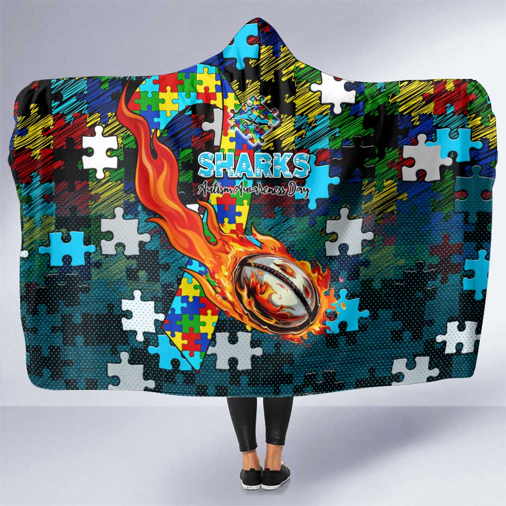 Sharks Autism Awareness Hooded Blanket Puzzle Flames Rugby Ball