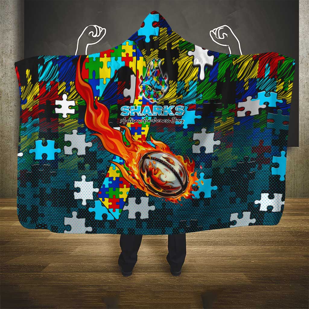 Sharks Autism Awareness Hooded Blanket Puzzle Flames Rugby Ball