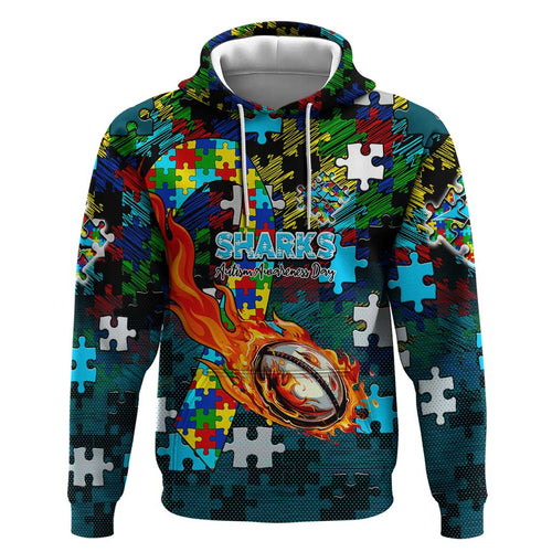 Sharks Autism Awareness Hoodie Puzzle Flames Rugby Ball