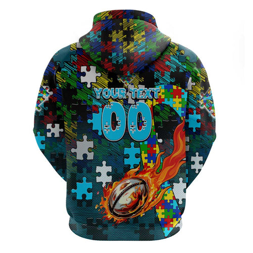 Sharks Autism Awareness Hoodie Puzzle Flames Rugby Ball