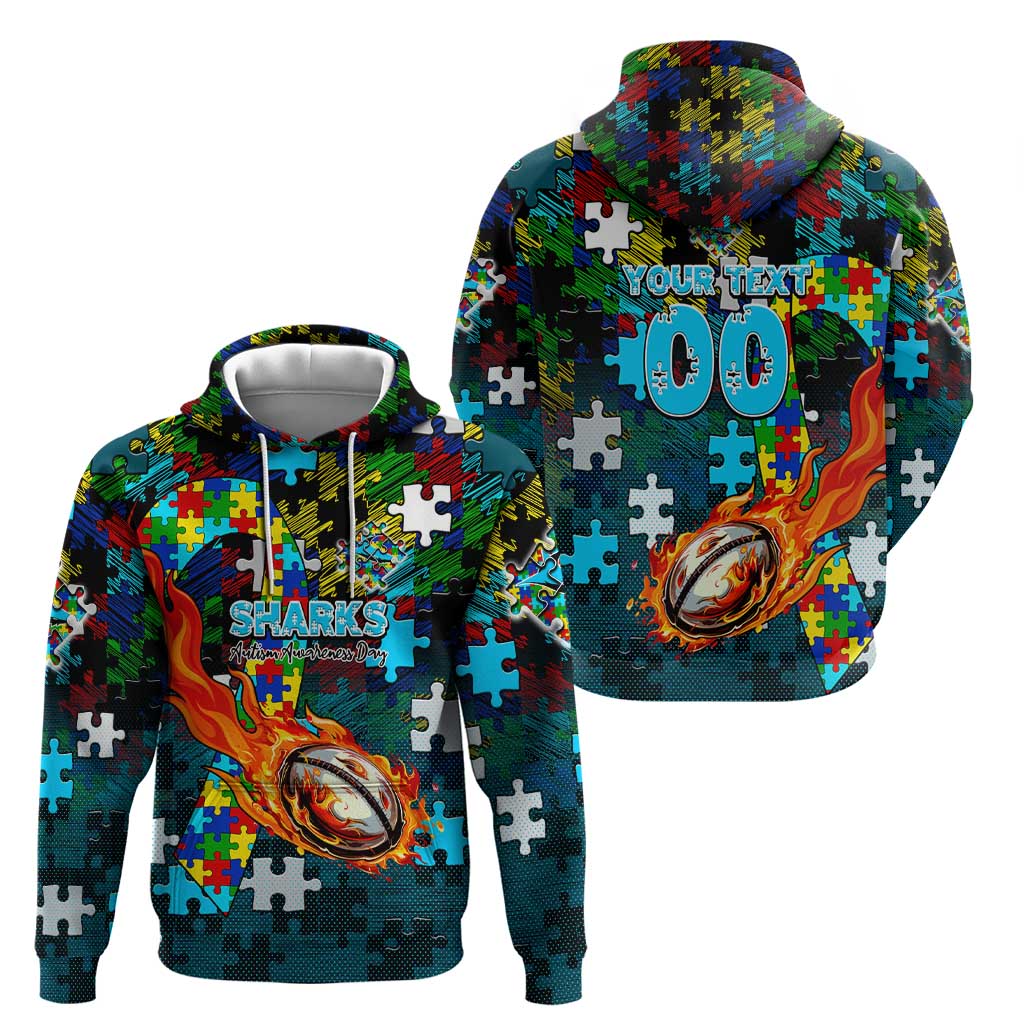 Sharks Autism Awareness Hoodie Puzzle Flames Rugby Ball