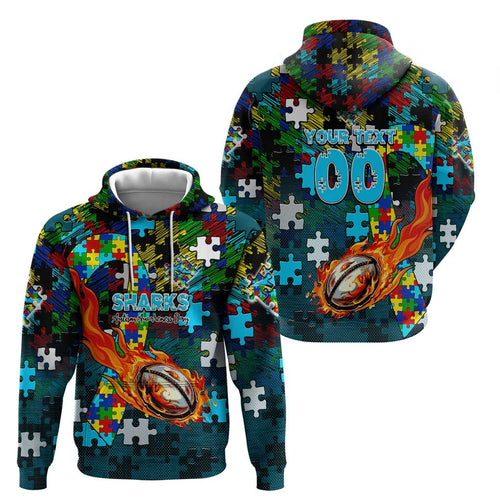 Sharks Autism Awareness Hoodie Puzzle Flames Rugby Ball