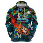 Sharks Autism Awareness Hoodie Puzzle Flames Rugby Ball