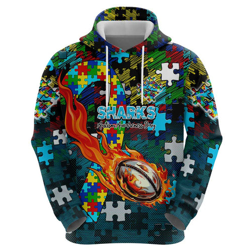 Sharks Autism Awareness Hoodie Puzzle Flames Rugby Ball