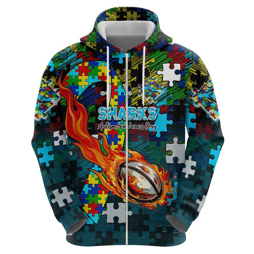 Sharks Autism Awareness Hoodie Puzzle Flames Rugby Ball