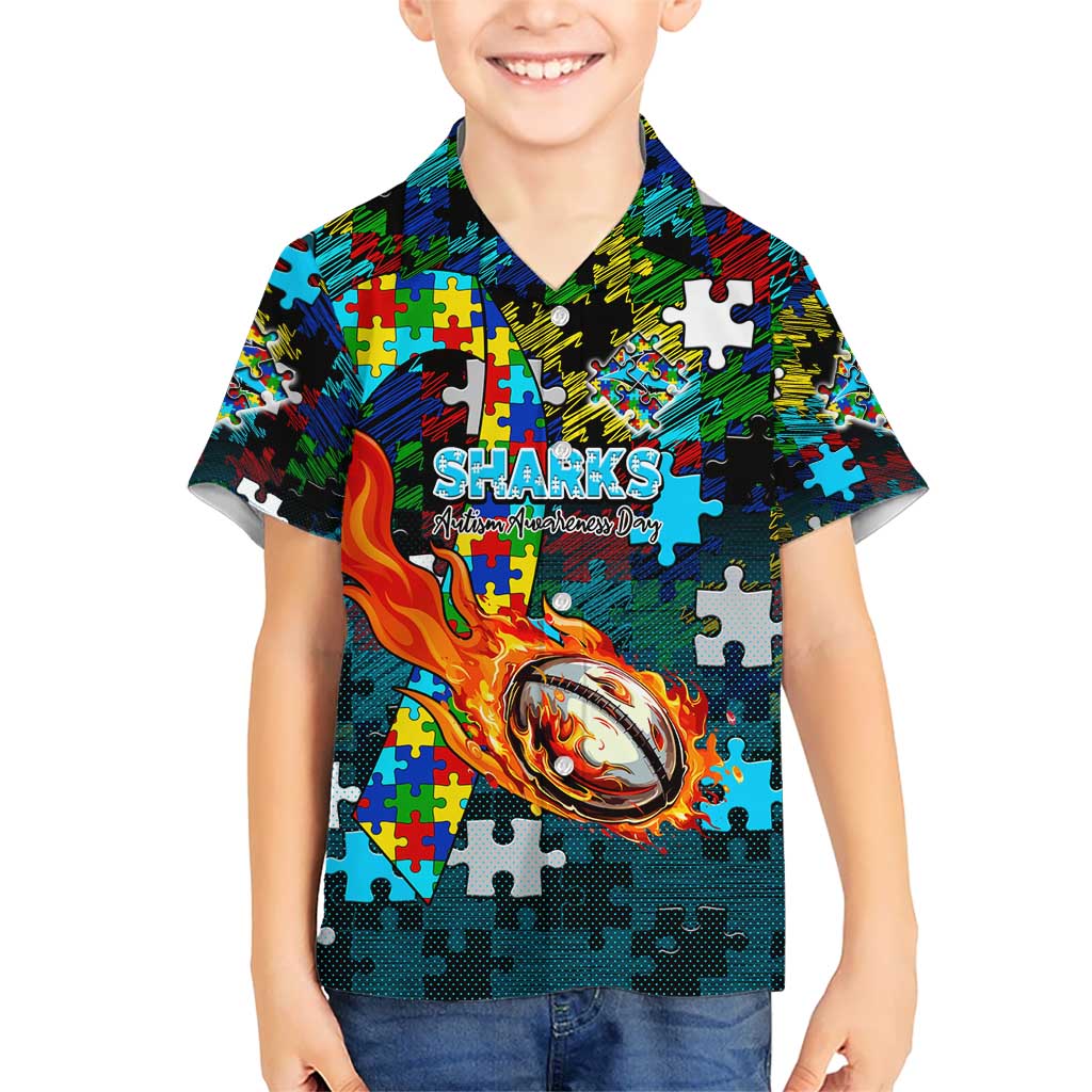 Sharks Autism Awareness Kid Hawaiian Shirt Puzzle Flames Rugby Ball