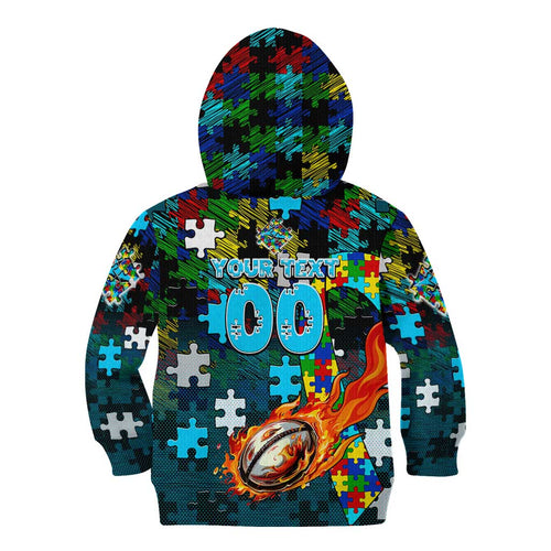 Sharks Autism Awareness Kid Hoodie Puzzle Flames Rugby Ball