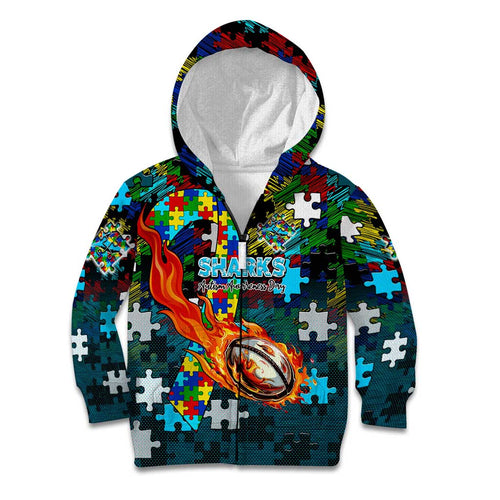 Sharks Autism Awareness Kid Hoodie Puzzle Flames Rugby Ball