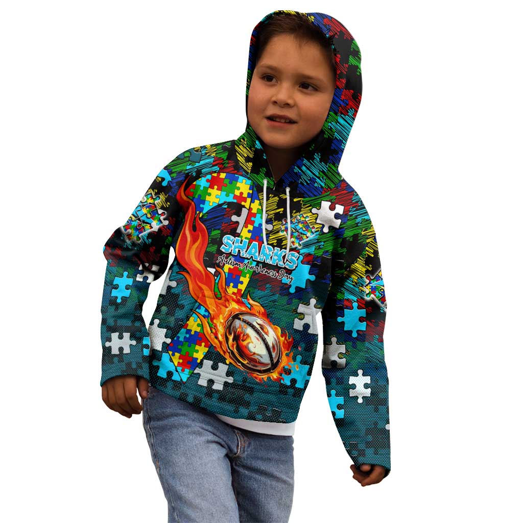 Sharks Autism Awareness Kid Hoodie Puzzle Flames Rugby Ball