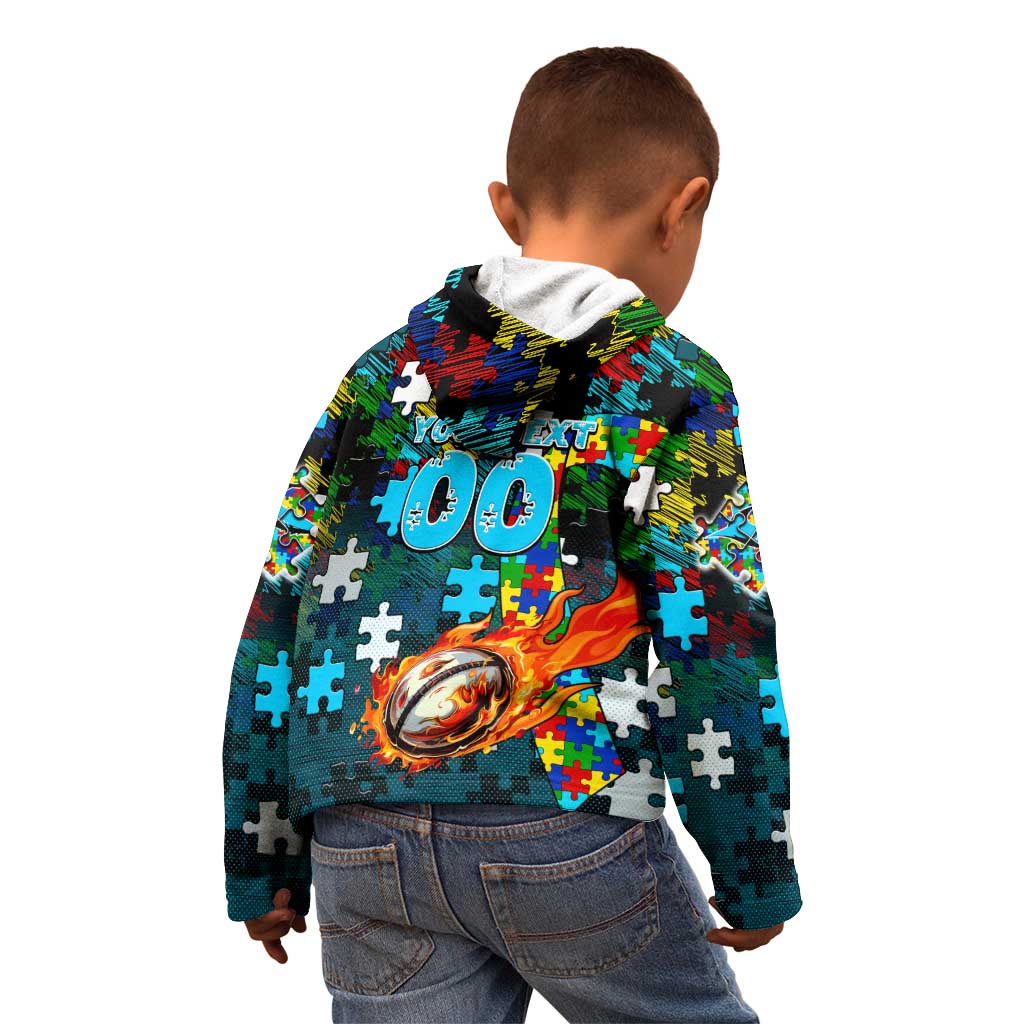 Sharks Autism Awareness Kid Hoodie Puzzle Flames Rugby Ball