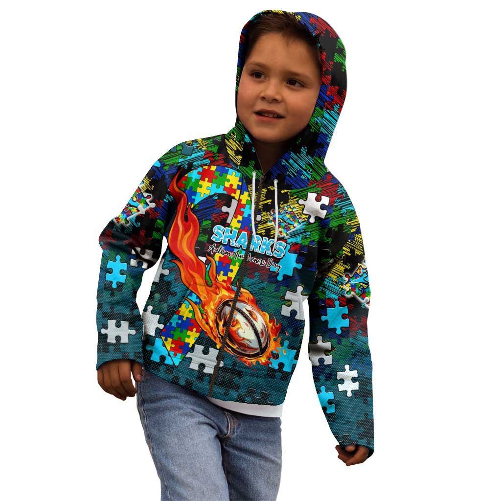 Sharks Autism Awareness Kid Hoodie Puzzle Flames Rugby Ball