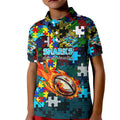 Sharks Autism Awareness Kid Polo Shirt Puzzle Flames Rugby Ball