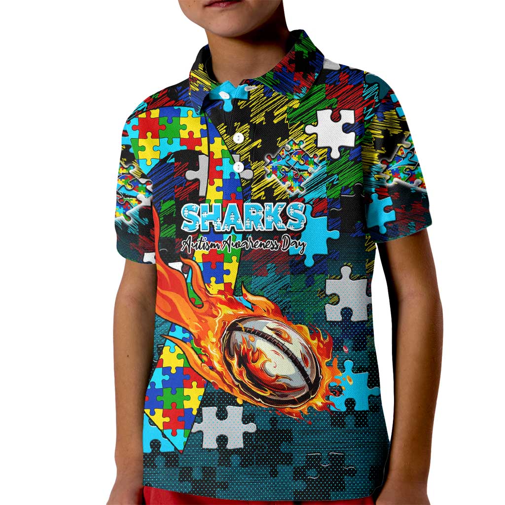 Sharks Autism Awareness Kid Polo Shirt Puzzle Flames Rugby Ball