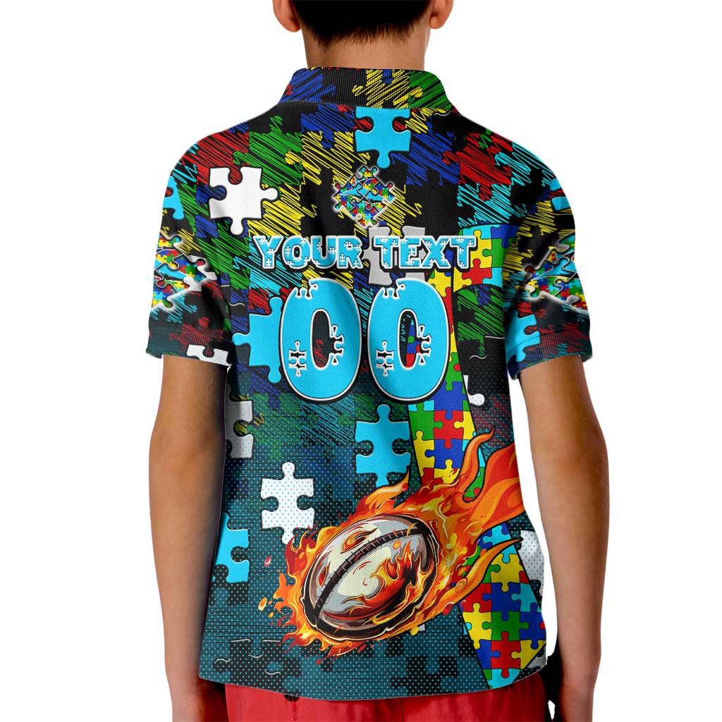 Sharks Autism Awareness Kid Polo Shirt Puzzle Flames Rugby Ball