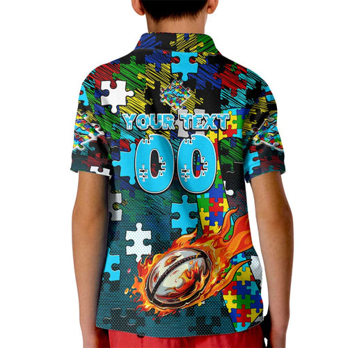 Sharks Autism Awareness Kid Polo Shirt Puzzle Flames Rugby Ball