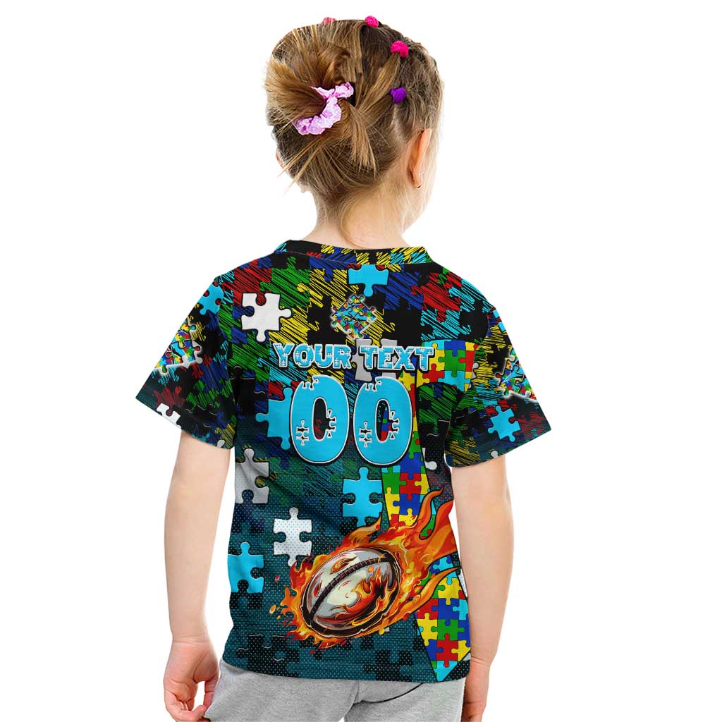 Sharks Autism Awareness Kid T Shirt Puzzle Flames Rugby Ball