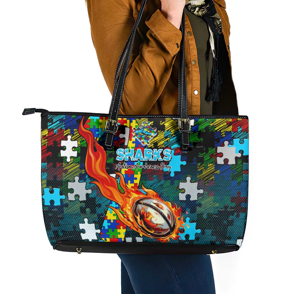 Sharks Autism Awareness Leather Tote Bag Puzzle Flames Rugby Ball